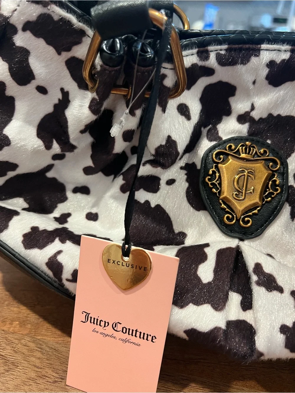 Juicy Couture Black & White Cow Print Shoulder Bag with Pink Bow Charm